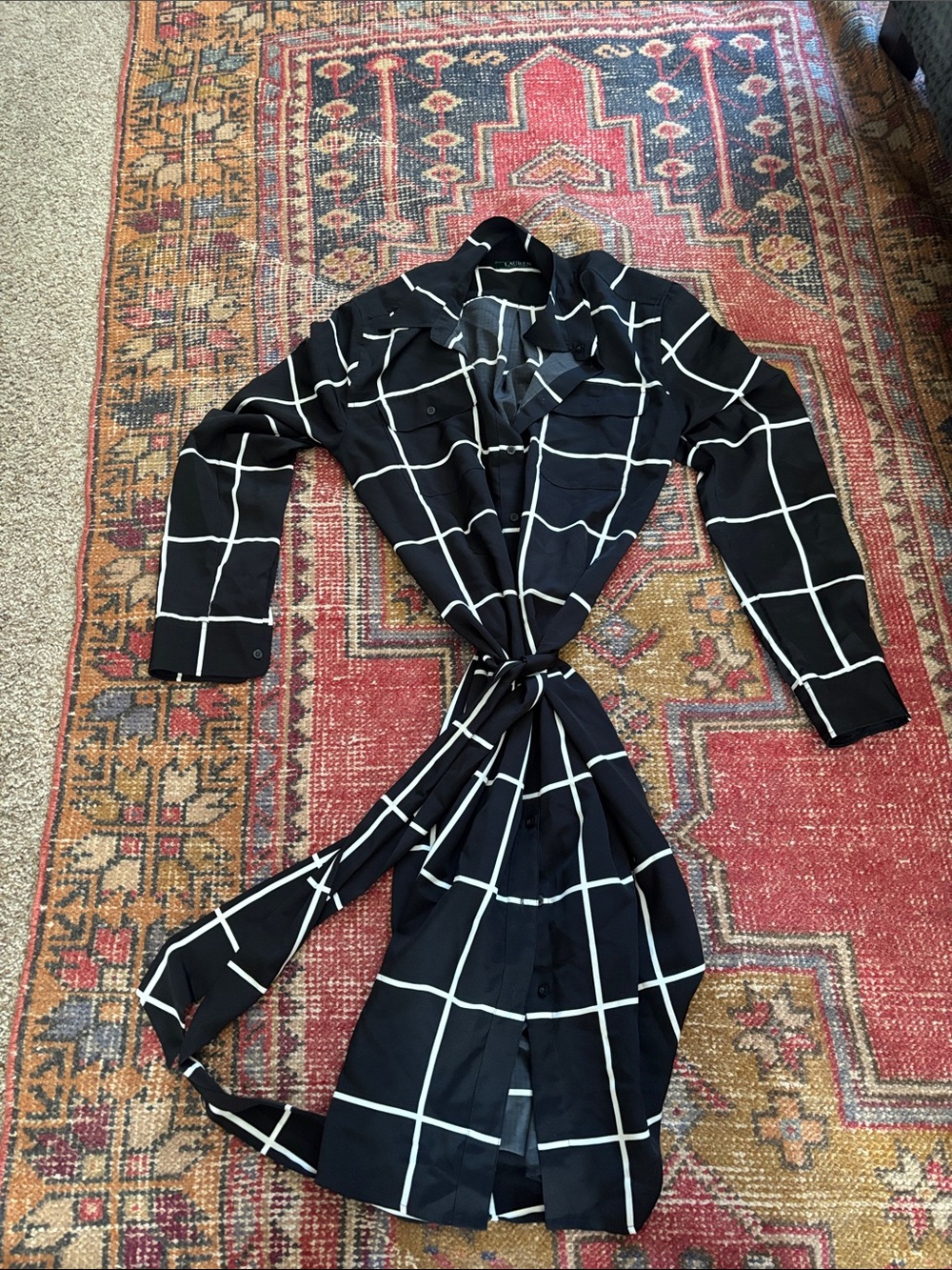 Ralph Lauren Black Windowpane Belted Trench Coat